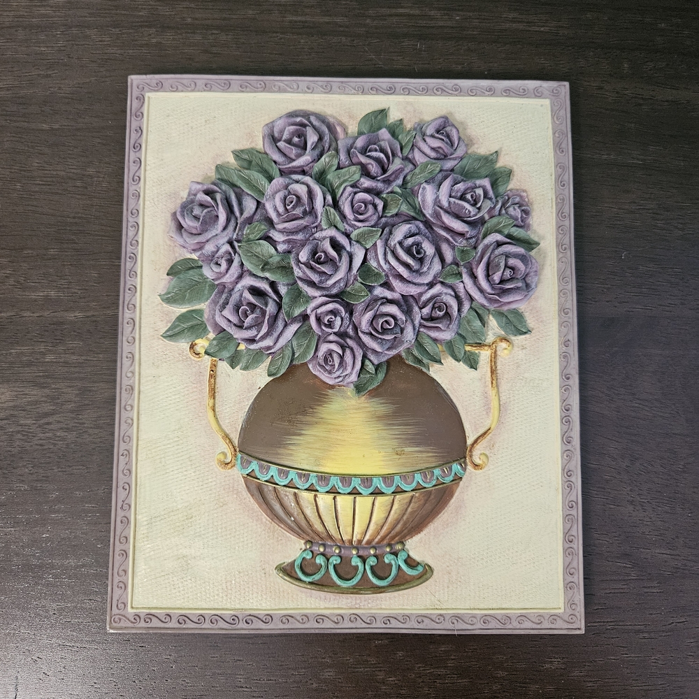 Vintage Sculptural‎ Painting Of A Bouquet Purple Roses